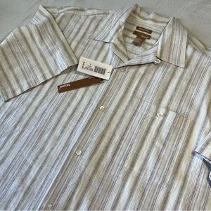 Bruno Shirt Mens L Brown Stripe Button Up Short Sleeve Washable Linen Cotton NEW